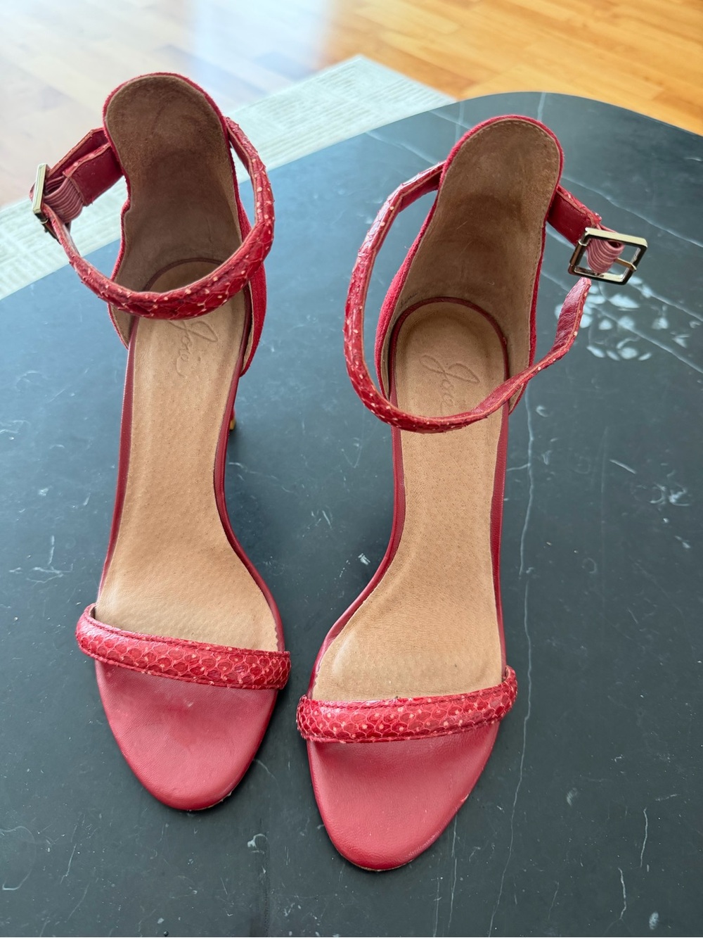 Joey Red Ankle-Strap Open-Toe Heels